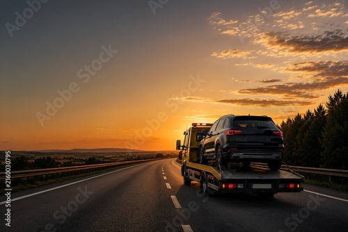 Roadside assistance towing car on highway advertising banner