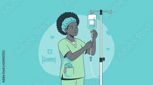 Nurse Adjusting IV Drip Bag, Isolated on Transparent Background