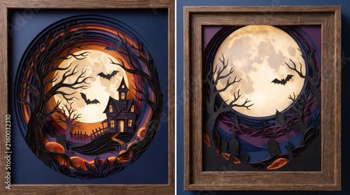 Halloween papercut lightbox diptych frame haunted house and full moon scene
