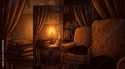 Illustration of a black cat sleeping soundly on an armchair in a candlelit study room