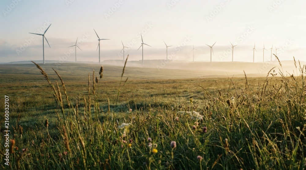 Fototapeta premium Misty morning wind farm with turbines rising above dewy meadow flowers