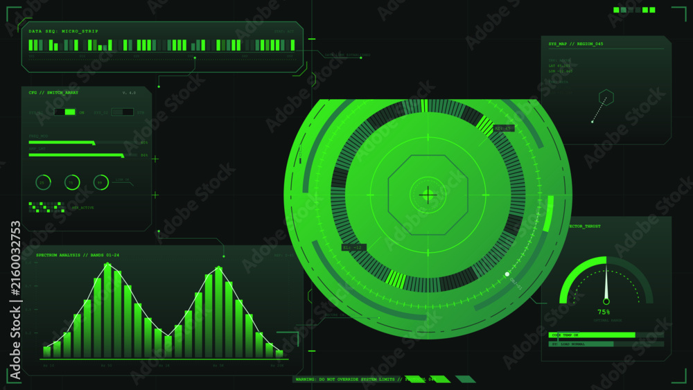 Fototapeta premium Futuristic green radar dashboard interface on dark grid background