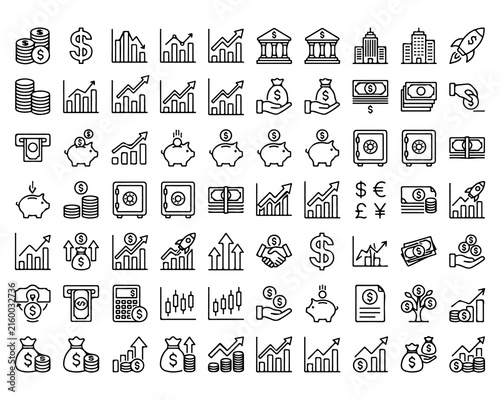 A collection of black-and-white flat icons representing finance, business, money, growth, and banking concepts.