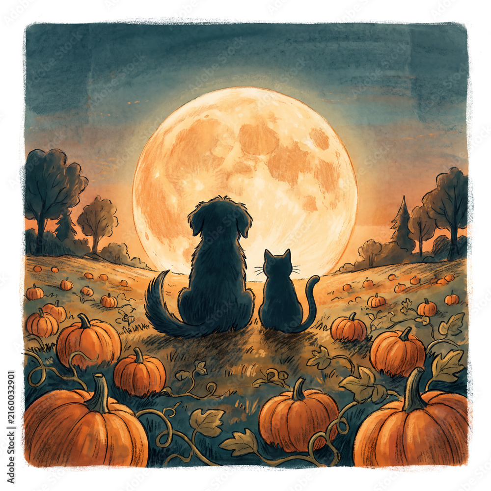 Fototapeta premium Illustration of a black dog and a black cat looking up at the full moon in a pumpkin field