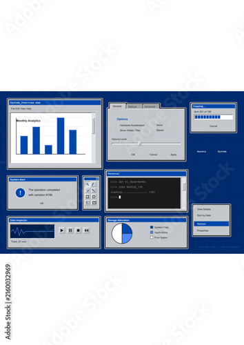 Canvas Print Retro computer interface windows on blue grid background