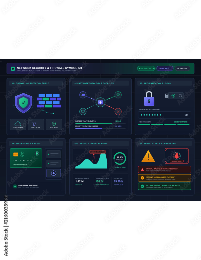 Fototapeta premium Network security dashboard with firewall and threat alerts