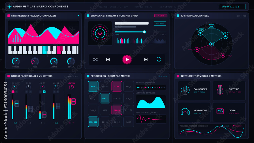 Fototapeta premium Futuristic audio interface dashboard with neon controls