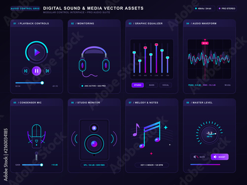 Neon audio control interface with music and sound panels