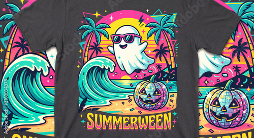 Summer Halloween Spooky Beach Pattern Short Sleeve Display Picture