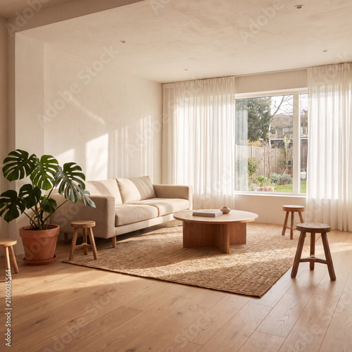 Modern minimalist living room interior design with sunshine