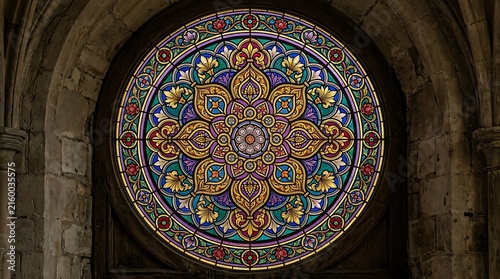 Intricate circular stained glass window with colorful geometric patterns inside an old stone cathedral wall