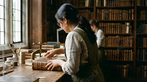 Female artisan restoring an antique leather book in a quiet library