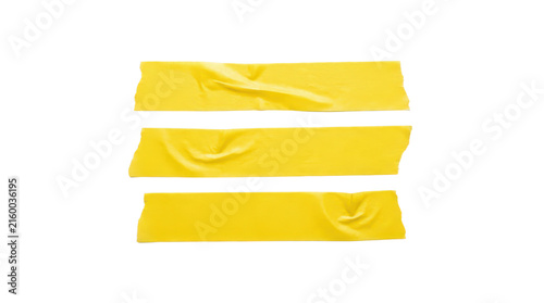 Three strips of wrinkled yellow masking tape isolated on transparent background