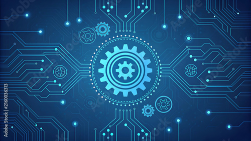 Technology circuit board background with central gear symbol