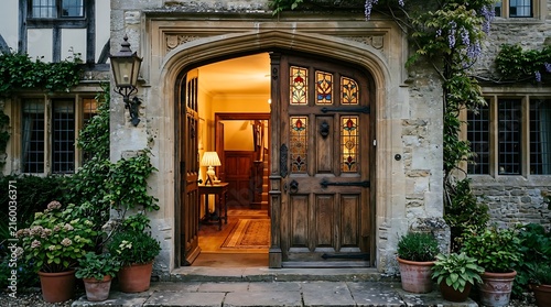 The entrance of a beautiful historic stone house with an open wooden front door and stained glass windows