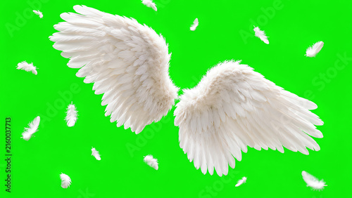 Ethereal white angel wings against a vibrant green background, symbolizing freedom and spirituality, perfect for creative projects.
