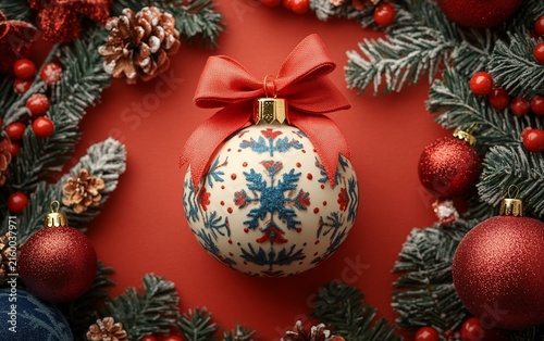 A white and blue Christmas ornament with a red bow sits in the center of a red background surrounded by fir branches, red ornaments, pine cones and berries.