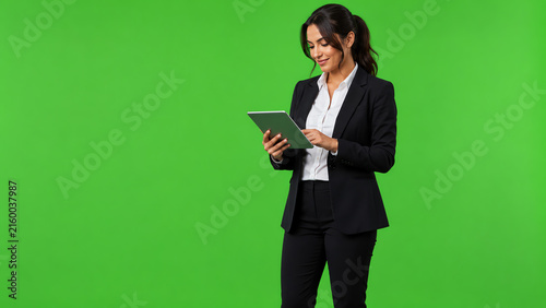 Professional woman in a suit using a tablet on a green screen background, showcasing modern work environment and technology.