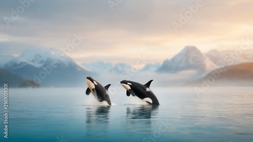 Orcas breaching water, mountains in background, dramatic sunset sky