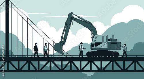 Workers And Excavator On A Bridge Construction Site