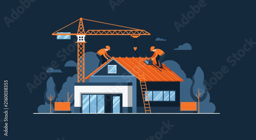 Workers Build A Roof On A New House With A Crane