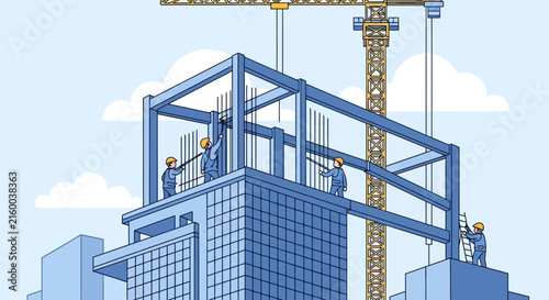 Workers Build Skyscraper With Crane Construction Site Progress And Teamwork