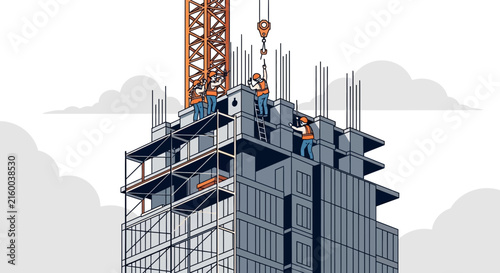 Workers Constructing A High Rise Building With A Crane
