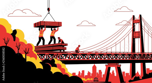 Workers Constructing A Majestic Bridge With Modern City Skyline Background