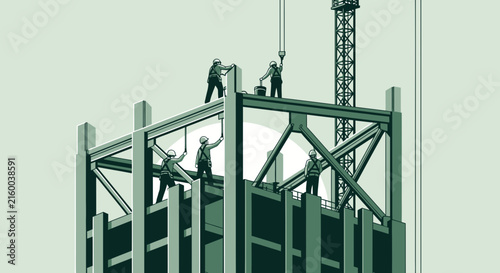Workers Constructing A High-Rise Building With A Tower Crane And Modern Architecture
