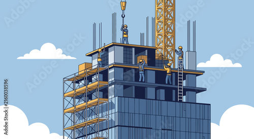 Workers Constructing A Modern Skyscraper With Crane And Scaffolding High Above