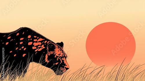 Leopard silhouette at sunset in savanna grass.