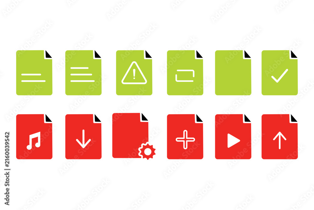 Fototapeta premium Document file format vector icon set, text paper sheet, file warning, upload download file, media audio video document badges, green and red page signs, and mobile app UI design. Isolated web graphic 