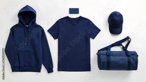 Navy blue clothing set with hoodie t shirt cap and duffle bag arranged on white background