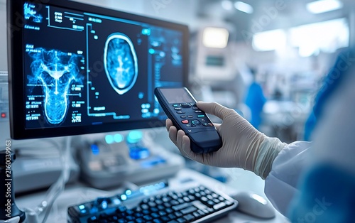 Close-up of a hand in a glove holding a medical device, with a computer screen displaying brain scans in the background.
