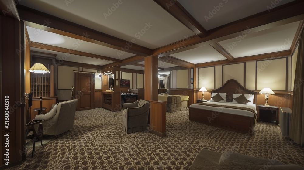 Obraz premium Interior shot of a large hotel room with warm lighting, wood accents, and a bed