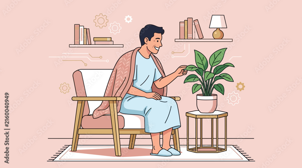 Fototapeta premium Man Relaxing in Armchair with Houseplant, Cozy Home Scene
