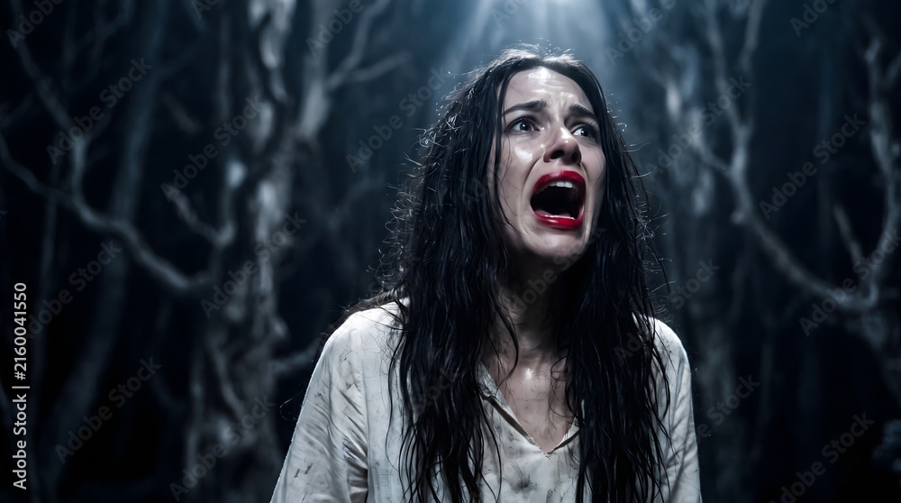 Fototapeta premium A terrified young woman with long dark hair screaming in a dark and mysterious haunted forest