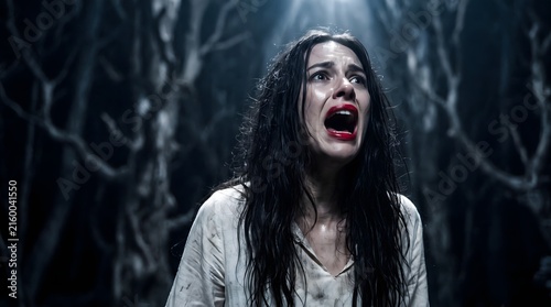 A terrified young woman with long dark hair screaming in a dark and mysterious haunted forest