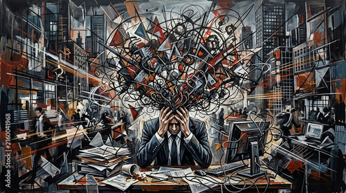 Businessman Overwhelmed by Mental Chaos and Stress in Modern Office
