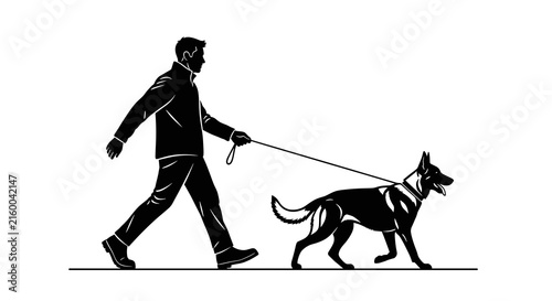 Silhouette illustration of a man walking a german shepherd dog on a leash perfect for pet care