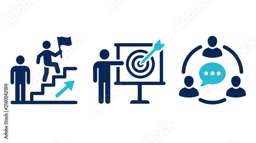 Business progress icons featuring career ladder goal setting and team communication strategy for