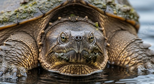Close-up of Snapping Turtle Face Underwater.