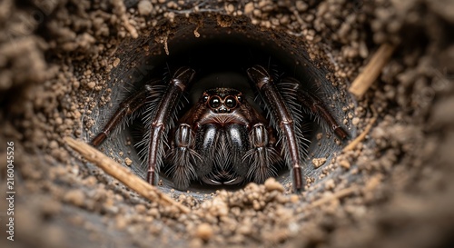 Close-up of spider in burrow hole.