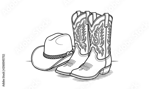 Cowboy boots and hat.Vector graphic illustration isolated