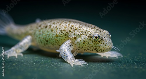 Closeup of spotted green tadpole crawling.