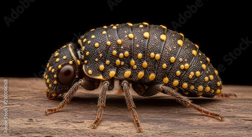 Close-up of spotted insect on wood.