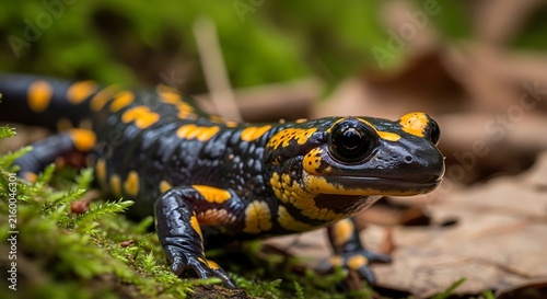 Closeup of spotted salamander on moss.