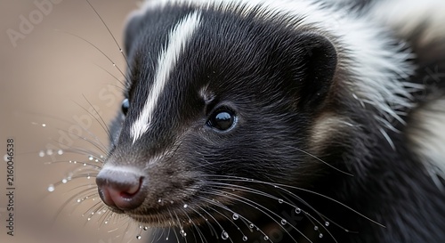 Close-up of skunk with water droplets.