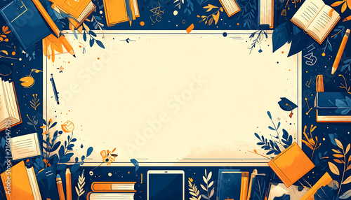 Education themed graphic background with books pencils and leaves surrounding a central blank copy space for school banner