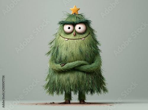 Grumpy green Christmas tree monster with star on head